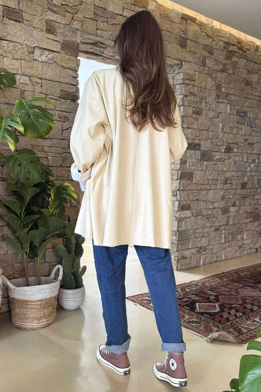 Made in Italy Runa Leather Look Relaxed Blazer Ecru